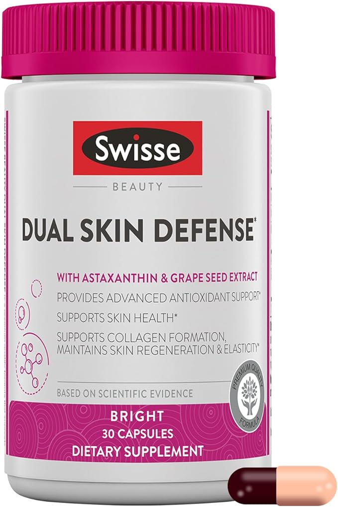 Swisse Beauty Dual Skin Defense Supplement | Astaxanthin, Grape Seed Extract, and Vitamin C | Supports Collagen Formation, Skin Elasticity, Antioxidant Protection & Regeneration | 30 Capsules