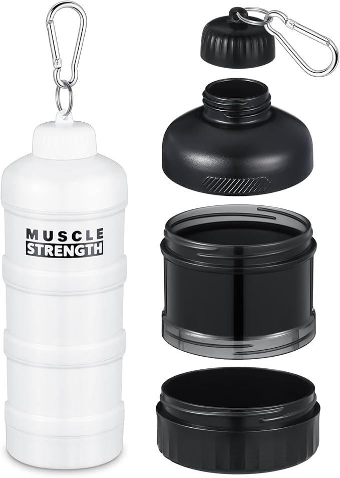 Baderke 2 Pcs Protein Powder Container with Funnels Stand, 3 Stackable Leakproof Protein Powder Dispenser, Portable Keychain Powders Container for Workout, Fitness, Travel(Black and White)