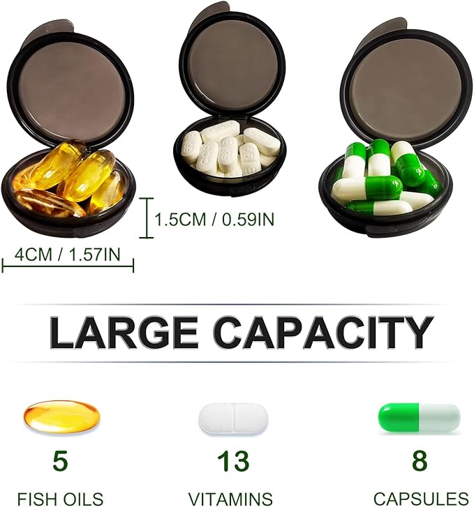 3PCS Small Pocket Daily Pill Box Organizer - Portable Travel Wallet with Individual Compartments - Compact, Convenient and Easy-to-Use Mini Pill Container for On-the-Go Medication Management (Black)
