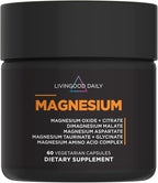 Livingood Daily Magnesium Supplement with Magnesium Glycinate, Citrate, Malate, Oxide, Aspartate, Amino Acid Complex and Chicory Root for Heart Health, Sleep and Muscle Support, 300mg, 60 Capsules