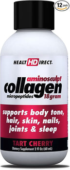 HEALTH DIRECT – Medical-Grade Liquid Collagen Shots – AminoSculpt Sugar-Free – Tart Cherry – 12 Servings, (12pk, 2oz Shots) – Good for Joints, Bones, & Sleep – Better Hair, Skin & Nails