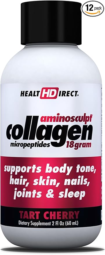 HEALTH DIRECT – Medical-Grade Liquid Collagen Shots – AminoSculpt Sugar-Free – Tart Cherry – 12 Servings, (12pk, 2oz Shots) – Good for Joints, Bones, & Sleep – Better Hair, Skin & Nails