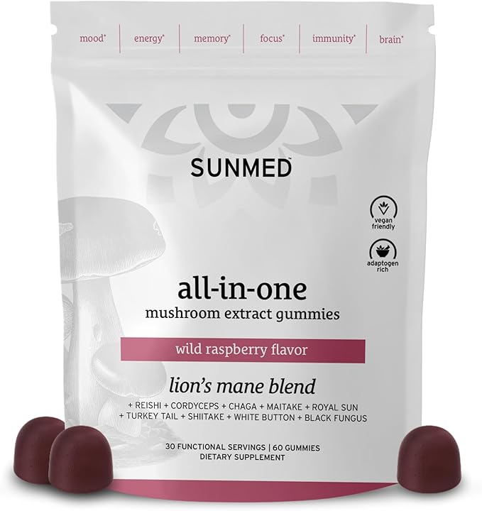 SUNMED All-in-One Mushroom Gummy Supplements for Focus, Energy, Mood & Immune Support – 10 Functional Mushrooms (Lion’s Mane, Reishi, Cordyceps, Chaga) | Wild Raspberry Flavor, 60ct