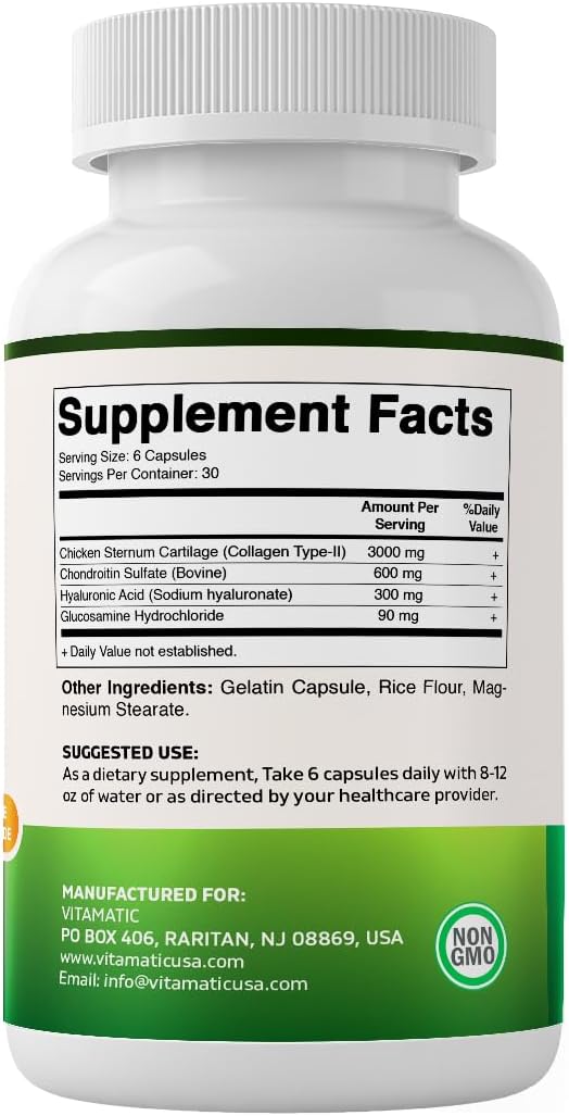 Vitamatic Chicken Collagen 3000 mg (Per Serving) with Glucosamine, Chondroitin & Hyaluronic Acid | 180 Capsules | Non-GMO | Gluten Free