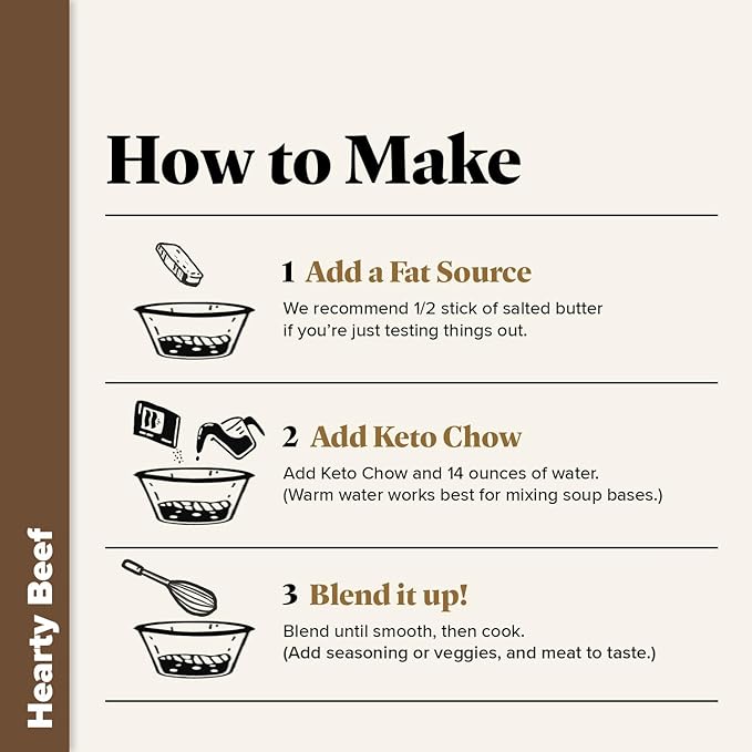 Keto Chow Hearty Beef - Keto Soup Base Powder - Nutritionally Complete - Low Carb - Protein Rich - You Choose The Fat - Single Meal