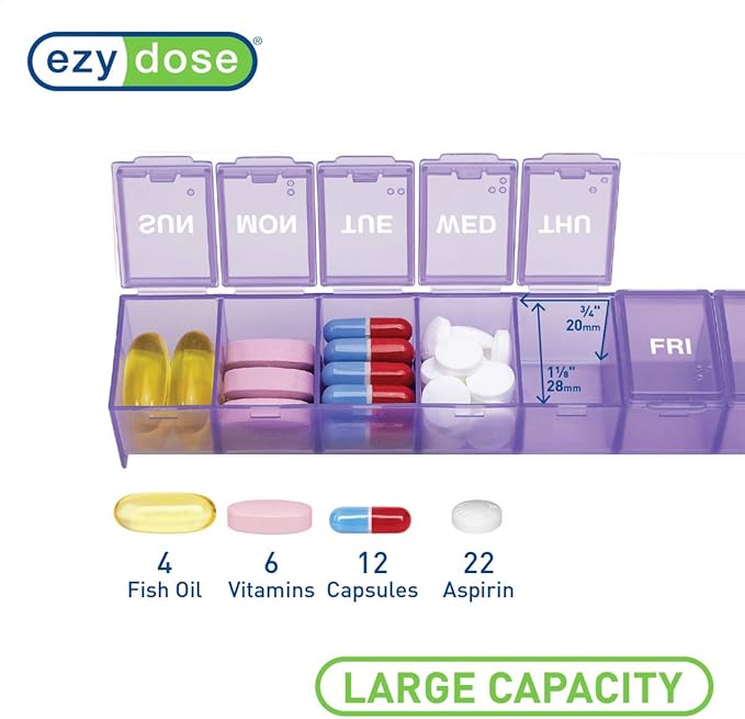 EZY DOSE Weekly (7-Day) Daily Pill Case, Medicine Planner, Vitamin Organizer, Supplement Container, Convenient and Easy to Use, Large Compartments, Travel Friendly, Purple, Made in the USA, BPA Free