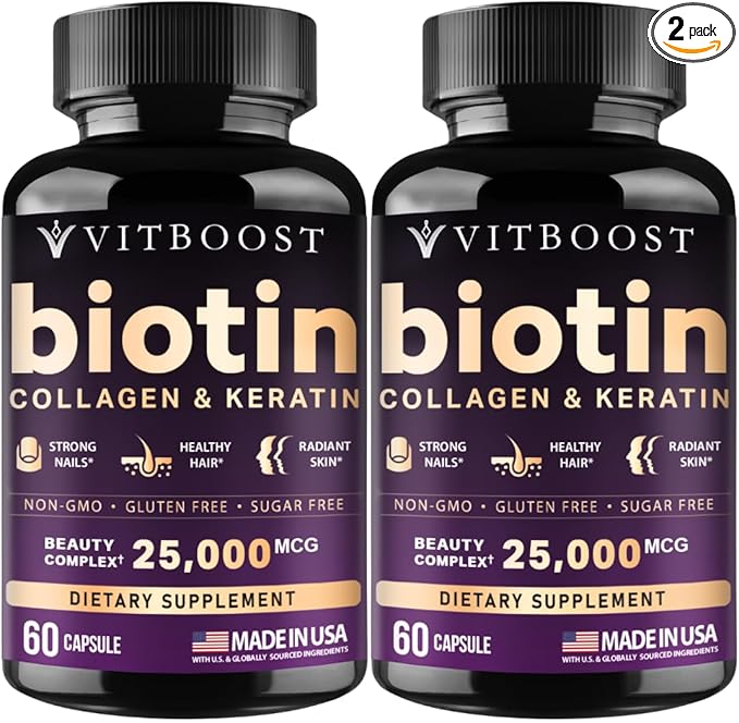 Vitboost Biotin with Hyaluronic Acid, Collagen and Keratin – 25000 mcg Hair Growth Vitamins for Men and Women – Nails and Skin, USA Made - Third Party Tested, B1, B2, B3, B6, B7 Complex - 120 Capsules