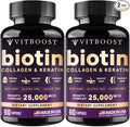 Vitboost Biotin with Hyaluronic Acid, Collagen and Keratin – 25000 mcg Hair Growth Vitamins for Men and Women – Nails and Skin, USA Made - Third Party Tested, B1, B2, B3, B6, B7 Complex - 120 Capsules