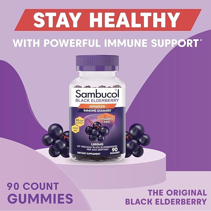 Sambucol Elderberry Gummies - Immune Support Supplement for Adults & Kids with Vitamin C & Zinc, Sambucol Elderberry are High in Antioxidants, Gluten Free, Vegan - 90 Count