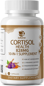 10-IN-1 Cortisol Supplements w/ KSM-66® Ashwagandha 300mg + L-Theanine 250mg, Magnesium Glycinate, Saffron, Phosphatidylserine, Turmeric & Vitamin C D3 B6 B5, For Women Men, 120 Capsules 60-Day Supply