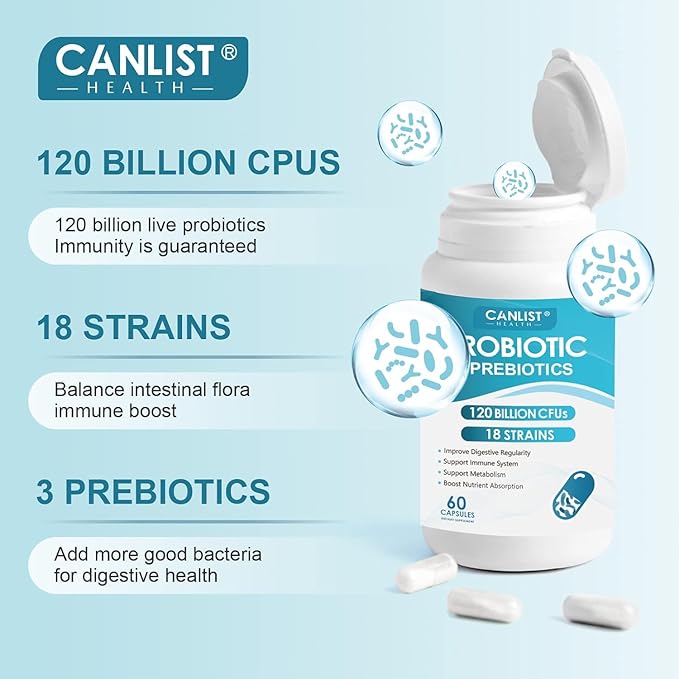 Probiotics 120 Billion CFUs 18 Strains, 3 Prebiotics & Digestive Enzymes for Men Women,Digestive & Immune Support,Shelf Stable Non-GMO 120 Capsules