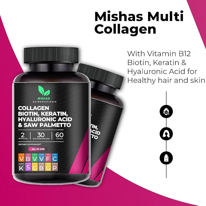 Multi Collagen Hair Pills - Biotin 10,000mcg, Keratin & Hyaluronic Acid - Hair Growth - Hair Skin & Nails Vitamins & DHT Blocker - Vitamin E Folic Acid Pumpkin Seed MSM, Saw Palmetto 60 Vegan Capsules