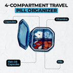 Travel Pill Organizer - Durable, Watertight Pill Case Travel Size with 4 Compartments - Compact Pill Travel Case for Vitamins, Supplements, Medicine - Travel Pill Container for Purse (Blue)