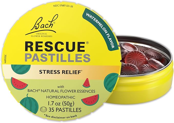 Bach RESCUE PASTILLES, Watermelon Flavor, Stress Relief Lozenges, Homeopathic, Flower Essences, 35 Count