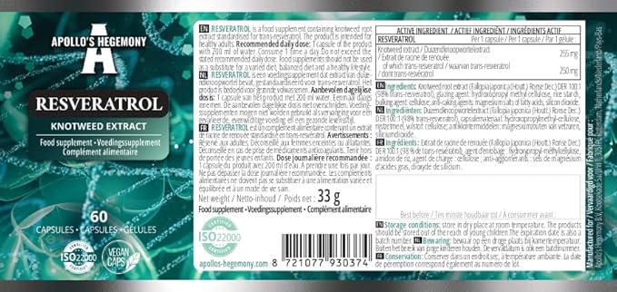 APOLLO'S HEGEMONY Resveratrol High Dose 400 mg - 60 Vegan Capsules - 2 Months Supply - 98% Trans-Resveratrol from Japanese Knotweed Extract - Natural Antioxidant