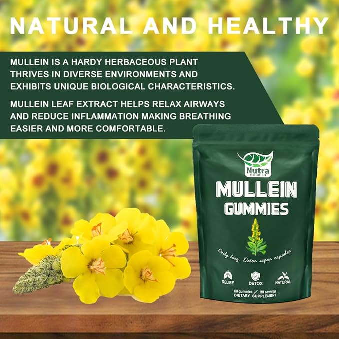 Mullein Gummies for Lung Detox 1000mg Mullein Leaf Herb Extract for Respiratory & Digestive & Immune Support, Vegan, Pear Flavor 60/120 (1)