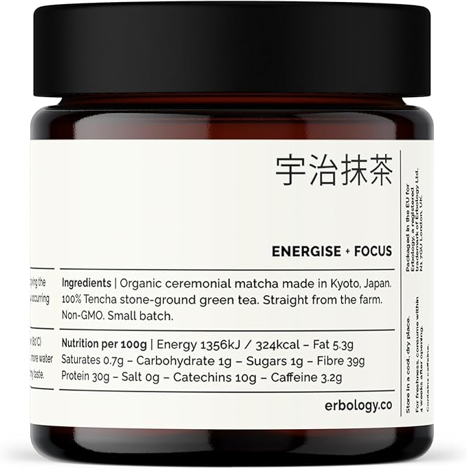 Erbology 100% Organic Ceremonial Grade Matcha 1.4 oz - Tencha Stone-Ground - Straight from Farm in Kyoto, Japan - Energizing and Stress-Reducing - Non-GMO - Recyclable Glass Jar