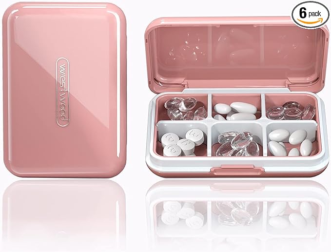 DUBSTAR Travel Pill Organizer Moisture Waterproof Small Pill Box for Pocket Purse 6 Compartments Portable Pill Case Medicine Vitamin Holder Container Pink