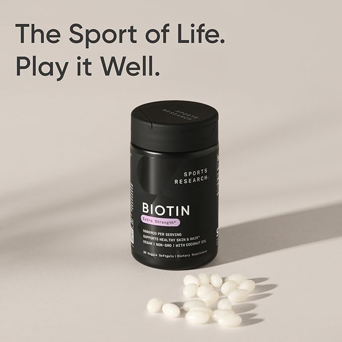 Sports Research® Biotin 5,000mcg with Organic Coconut Oil - Biotin (Vitamin B7) for Healthy Skin and Hair Support* - for Women and Men - Vegan, Non-GMO, Gluten & Soy-Free - 30 Veggie Softgels