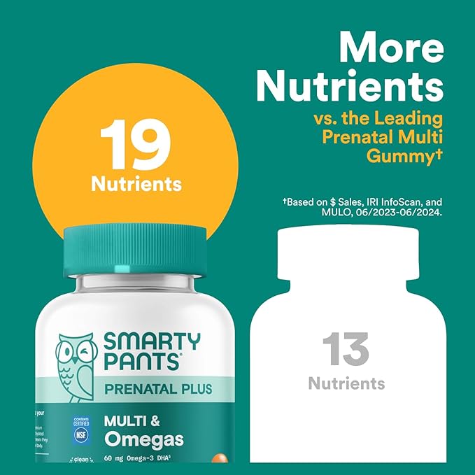 SmartyPants Prenatal Multivitamin Gummies, Omega 3 (DHA/EPA), Methylfolate, Biotin, Vitamin D3, C, Vitamin B12, B6, A, K & Zinc, Gluten Free, 120 Count (40 Day Supply) (Pack of 2)
