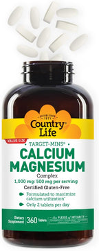 Country Life Target-Mins Calcium Magnesium Supplement for Bone Health, 1000mg Calcium, 500mg Magnesium, Gluten Free, 2:1 Ratio for Optimal Utilization
