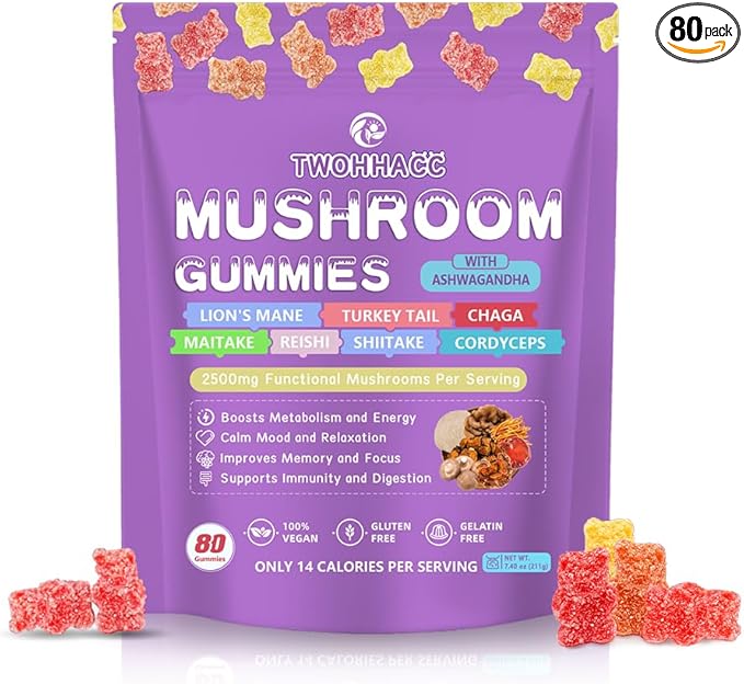Mushroom Complex Gummies Mushroom Supplement with Ashwagandha and Lions Mane, Reishi, Cordyceps, Maitake, Shitake, Chaga and Turkey Tail Nootropic Gummies for Focus, Energy, Memory and Immune Health