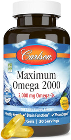Carlson - Maximum Omega 2000, 2000 mg Omega-3 Fatty Acids Including EPA and DHA, Wild-Caught, Norwegian Fish Oil Supplement, Sustainably Sourced Fish Oil Capsules, Lemon, 60 Softgels