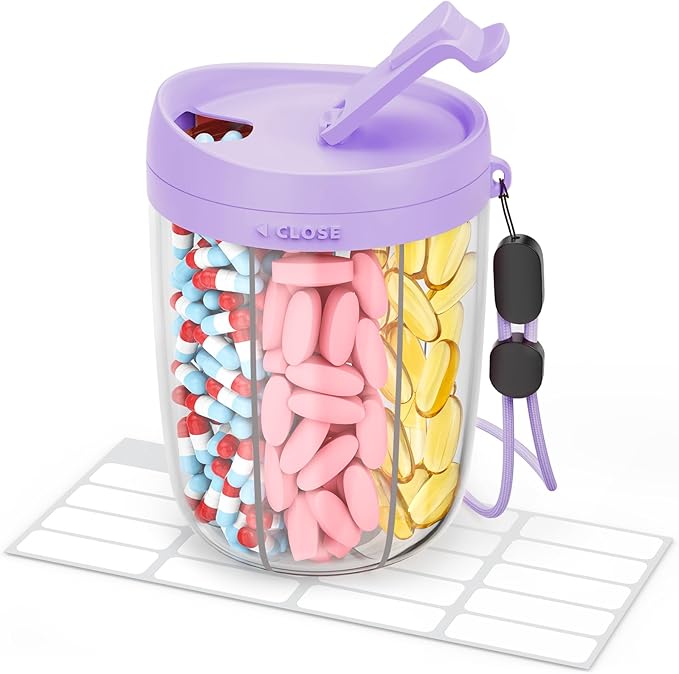 AMOOS Large Pill Dispenser with 6 Compartments, Anti-Mix Pill Bottle Organizer with Wide Opening & Easy Retrieval, Vitamin Organizer for Travel, BPA-Free Pill Box with a Strap, Purple