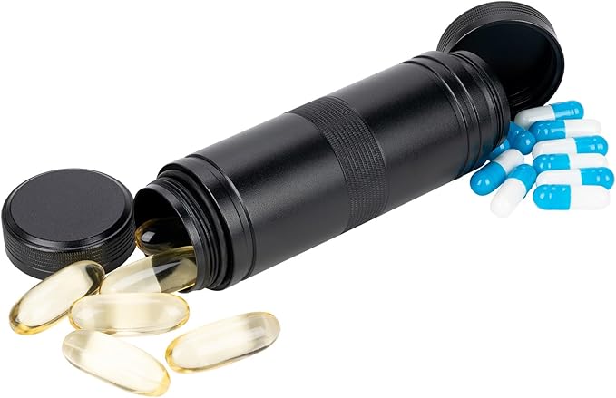 Pill Case 2 Times a Day - Portable Metal Pill Box Daily Waterproof Travel Pill Container, Pill Holder Organizer for Vitamin/Fish Oil/Supplements, 1 Pack Pill Box