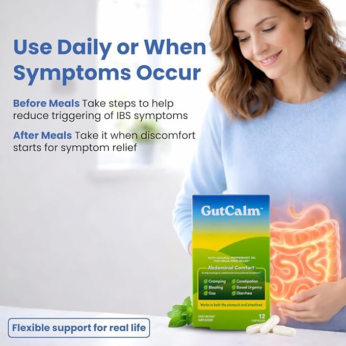 GutCalm - IBS Relief - Peppermint Oil Capsules - Bloating, Gas, Constipation and Digestive Comfort Supplement - 12/ct