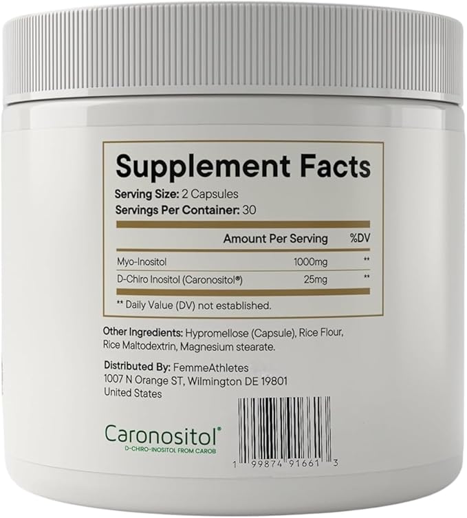 FemmeAthletes Myo Inositol & D Chiro Inositol 40:1 Ratio Capsules for Women – PCOS Supplement, Hormone & Cycle Support, Ovarian & Fertility Support – 1000mg Myo + 25mg Caronositol® – 60 Vegan Capsules