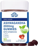 Suiyilary Ashwagandha Gummies 2000mg, Ashwagandha High Strength Root Extract Supplement with Vitamin B12 for Men Women, Strawberry Flavour 45 Days Supply 90 Gummies