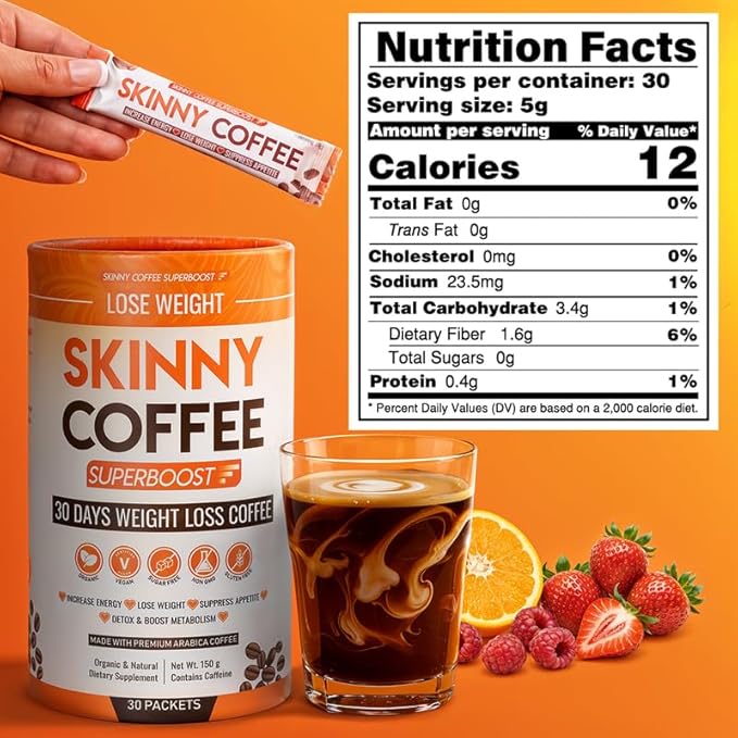 Skinny Coffee Super Boost Weight Loss Coffee, Belly Fat Burner for Women & Men, Sugar-Free Keto Vegan, Reduces Bloating, Supports Energy & Metabolism, Appetite & Cravings Control (60 Servings)