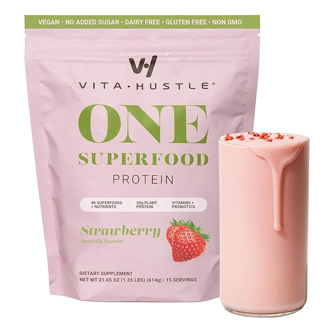 VitaHustle ONE Vegan Strawberry Protein Powder - 20g Plant Protein Meal Replacement with 86+ Superfoods & Greens, Probiotics + No Bloat Digestive Blend - Dairy Free, Gluten Free (15 Servings)
