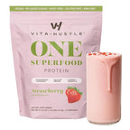 VitaHustle ONE Vegan Strawberry Protein Powder - 20g Plant Protein Meal Replacement with 86+ Superfoods & Greens, Probiotics + No Bloat Digestive Blend - Dairy Free, Gluten Free (15 Servings)