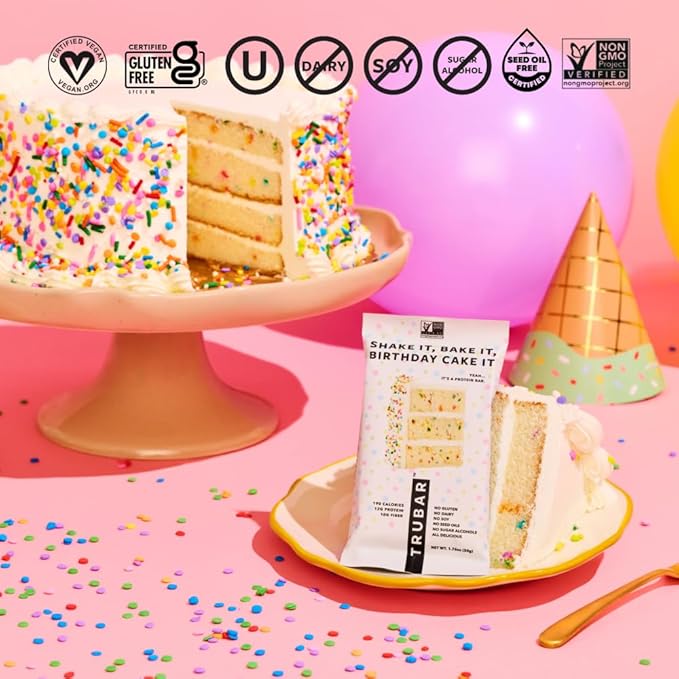 TRUBAR Vegan Protein Bar, Shake it Bake it Birthday Cake it, Gluten Free, Plant Based Protein, Dairy Free, Non GMO, Soy Free, No Sugar Alcohols, 12G Protein, 12G Fiber, 23G Carb, Snack Bars, 12ct