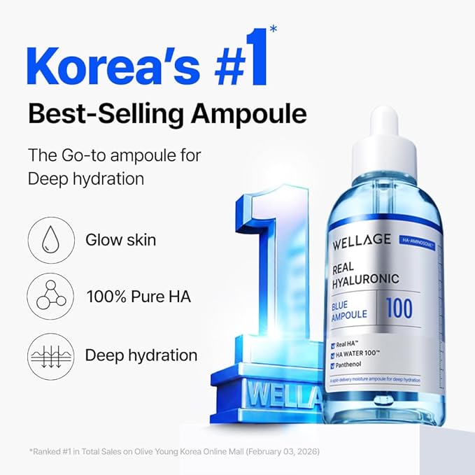 WELLAGE Real Hyaluronic Blue Ampoule 100, Korean Hydrating Serum for Face, Skin Firming Hyaluronic Acid Serum with Panthenol for Sensitive Skin, (3.38Fl.oz + 2.53Fl.oz)