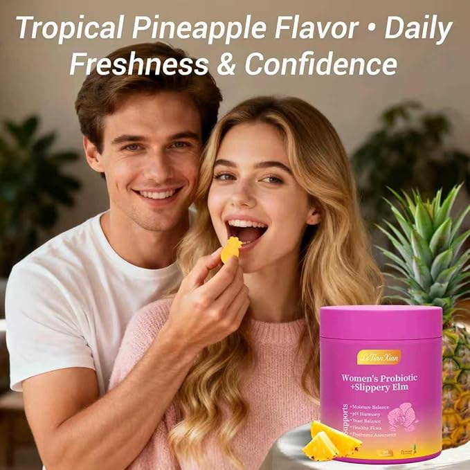 Her Juicy Feminine Probiotics Gummies for Women with Slippery Elm, Prebiotics & Lactobacillus - for pH Balance & Digestive Health, Tropical Pineapple Flavor, 60 Count