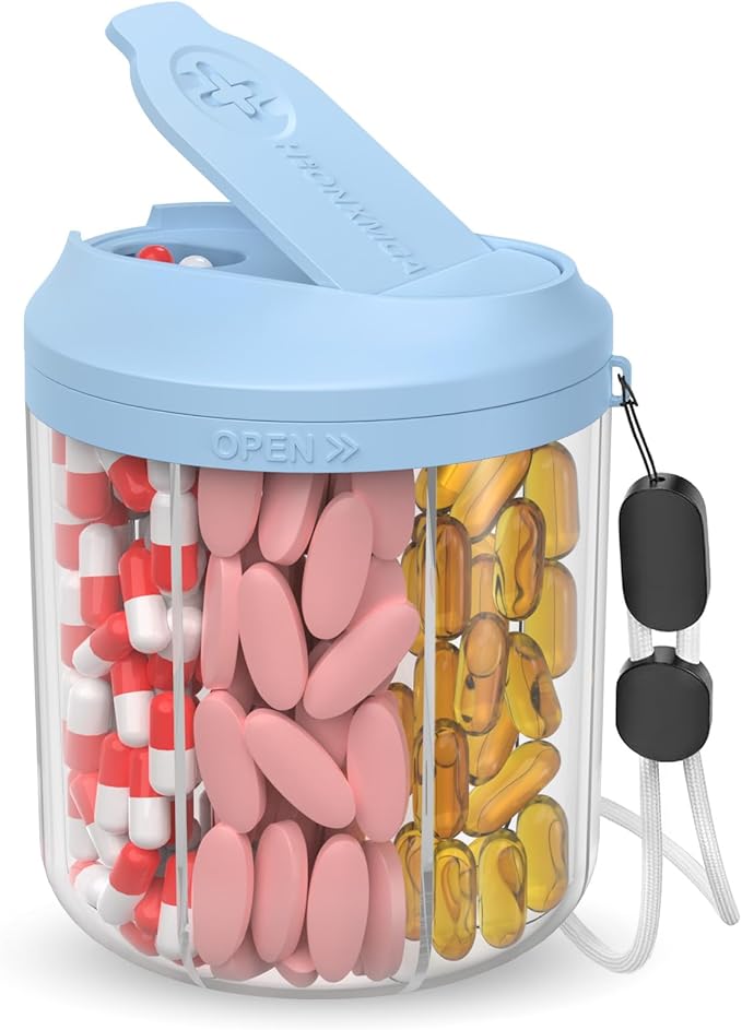 Hionxmga Pill Dispenser with 7 Large Compartments, 4.4" H x 3.6" Dia Pill Bottle Organizer for Travel, Supplement Organizer with Anti-Mixing Design, BPA-Free Pill Container with 20 Pcs Labels Blue
