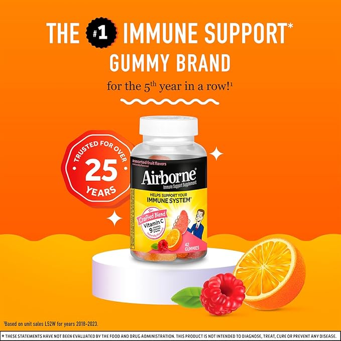 Airborne 750mg Vitamin C Immune Support Supplement Gummies for Adults, Assorted Fruit Flavor, Gluten Free Crafted Blend with Powerful Antioxidants Vitamins A C & E, 42 Gummies (2 Pack)