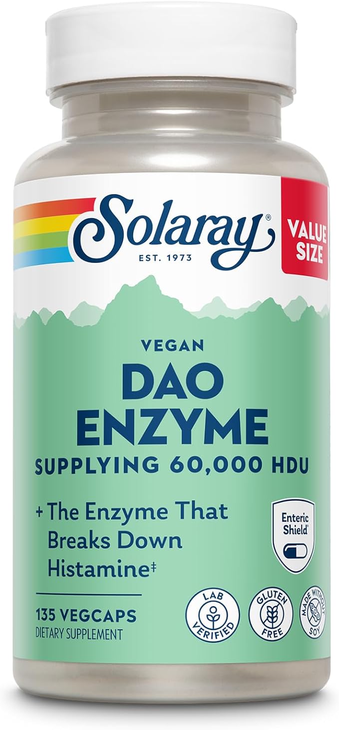 SOLARAY DAO Enzyme - Digestive Enzyme That Breaks Down Histamine - 60,000 HDU - Digestive Enzymes - Vegan, Gluten Free, Lab Verified - 135 Servings, 135 VegCaps