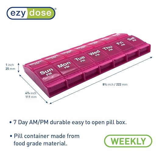 EZY DOSE Push Button (7-Day) Pill Case, Medicine Planner, Vitamin Organizer, 2 Times a Day, AM/PM Container, X-Large Compartments, Arthritis Friendly, Easy to Use, Transparent Lids, Pink, BPA Free