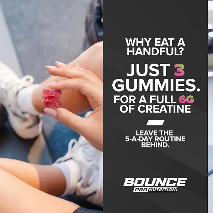 Bounce Pro Creatine Monohydrate Gummies for Men & Women, Low Calorie, 6G of Creatine per Serving, Vegan, Anti-Melting, Gluten-Free, Non-GMO (51 Count (Pack of 1), Strawberry Kiwi)