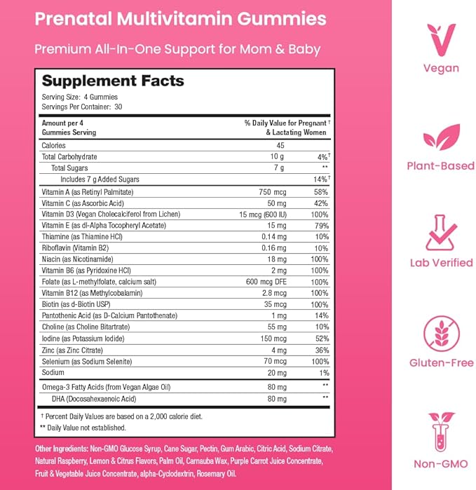 Prenatal Vitamin Gummies with DHA | Vegan Prenatal Vitamins for Women with Omega 3, Folate, Choline & D3, Pregnancy Vitamins for Fetal Development | Gummy Multivitamin Supplement, 120 Count (2-Pack)