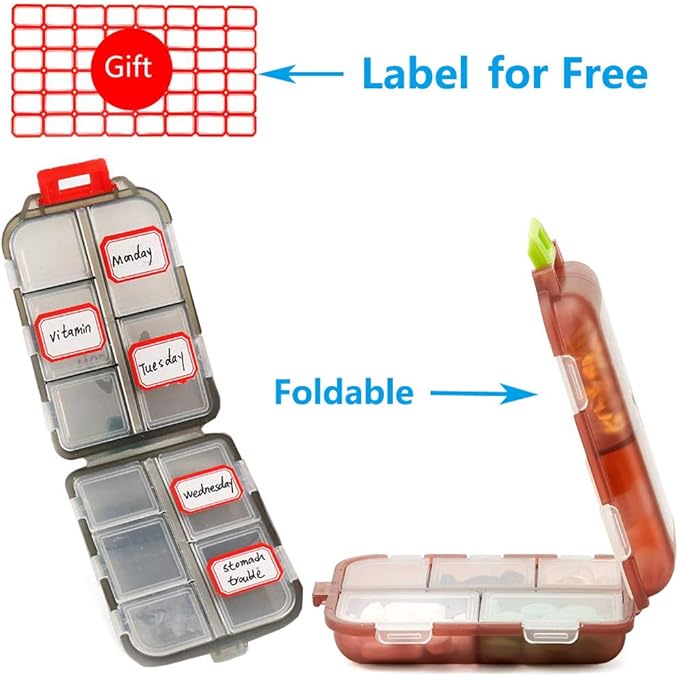 Pill Case (5 Pack) - Portable Small Supplements Tablet Container Box with 10 Compartments - Medicine Capsule Vitamin Fold Flip Organizer Dispenser Holder Storage for Travel Trip Pocket Purse