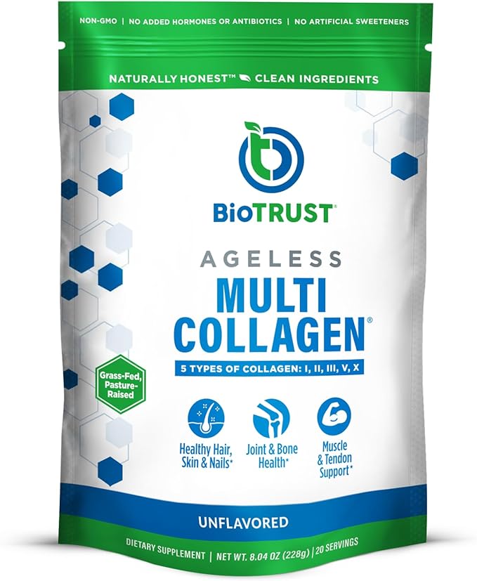 BioTrust Ageless Multi Collagen Peptides Powder – 5 Types (I, II, III, V, X) – Unflavored Collagen Powder for Women & Men – Hydrolyzed Protein – Grass Fed Beef, Fish, Chicken, Eggshell Membrane