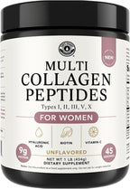 Multi Collagen Peptides Powder Types I, II, III, V, X Multi Collagen Protein Powder with Hyaluronic Acid, Biotin, Vitamin C, For Skin Hair Nails Joints and Gut Health - Keto, Non-GMO Supplement