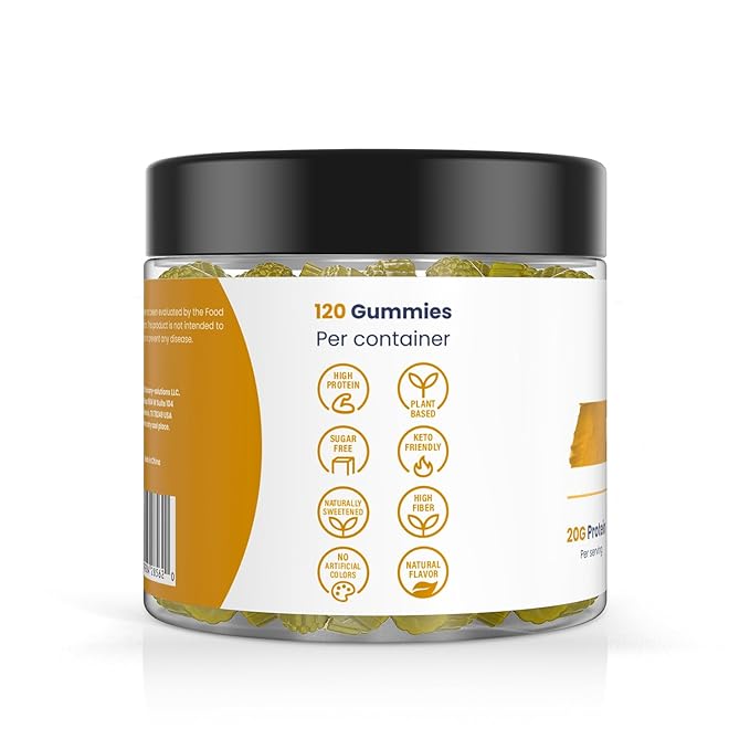 120 Sugar Free Protein Ginger Gummies with 1g per gummy & High Fiber | High Protein Snacks| Healthy Snacks for Adults| Plant Based | Fiber Gummies for Adults| Low carb 1g Net Carb, Stevia, Natural Flavor. (Ginger)