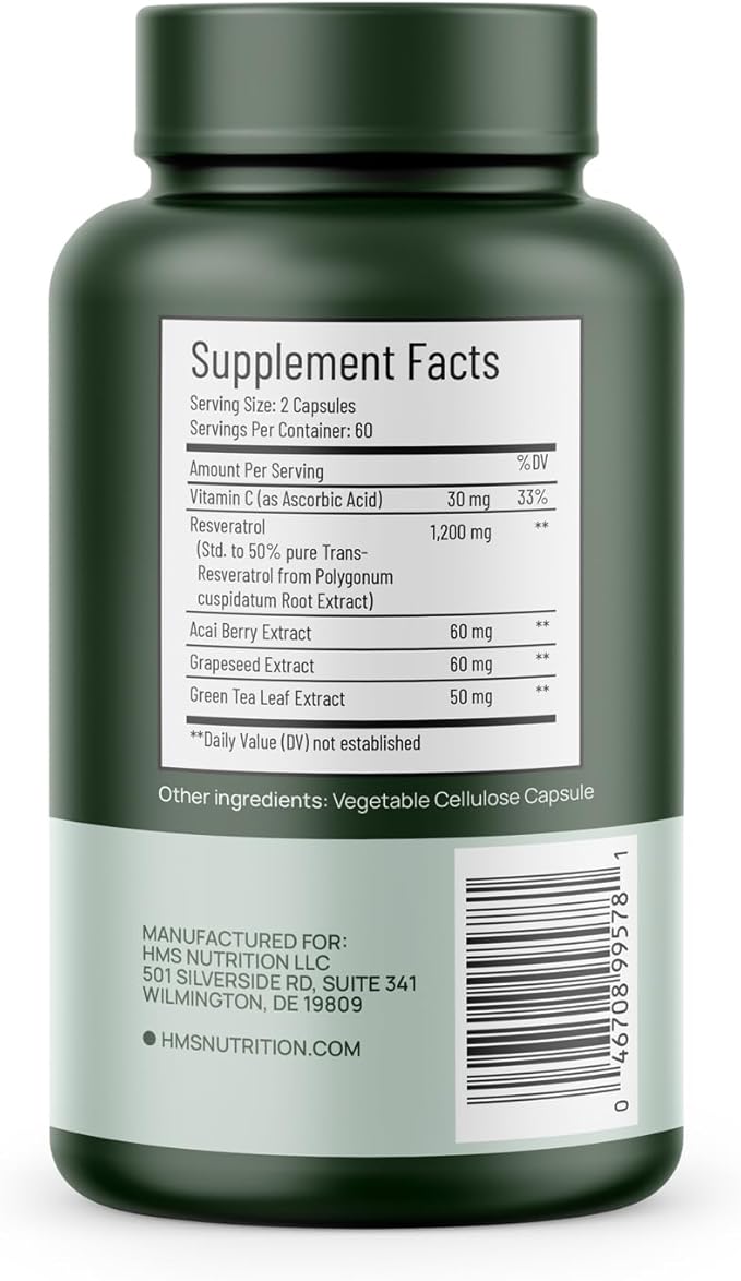 HMS Nutrition Resveratrol 1400 mg per Serving — 120 Vegan Capsules | High‑Potency Trans‑Resveratrol with Acai, Grape Seed & Green Tea | Antioxidant, Cellular & Heart Support