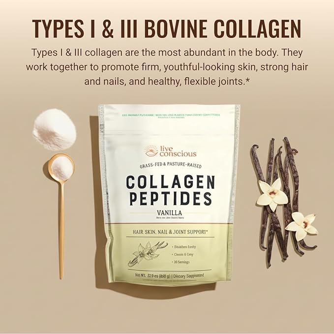 Live Conscious Collagen Peptides Powder - Vanilla Flavored Collagen - Hair, Skin, Nail, & Joint Support - Type I & III Grass-Fed Collagen Supplements for Women and Men - 30 Servings - 13oz (2-Pack)